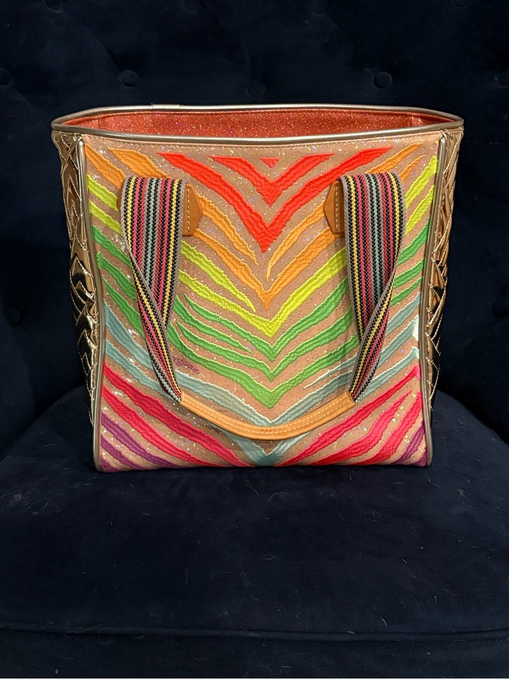 Multicolor Striped Tote Bag with Ribbon Handles